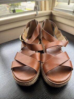 Michael Kors Tan Leather Cross-Strap woven Platform Sandals